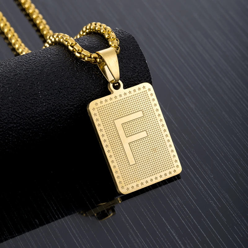 Hip Hop Fashion Square Letters Pendant Necklace for Men Stainless Steel Gold/Steel Color Rock style Letter Alphabet Jewelry Gift
