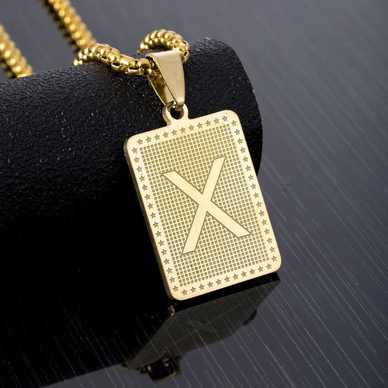 Hip Hop Fashion Square Letters Pendant Necklace for Men Stainless Steel Gold/Steel Color Rock style Letter Alphabet Jewelry Gift