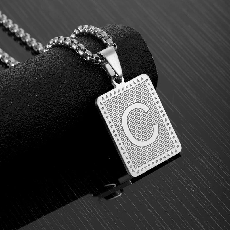 Hip Hop Fashion Square Letters Pendant Necklace for Men Stainless Steel Gold/Steel Color Rock style Letter Alphabet Jewelry Gift