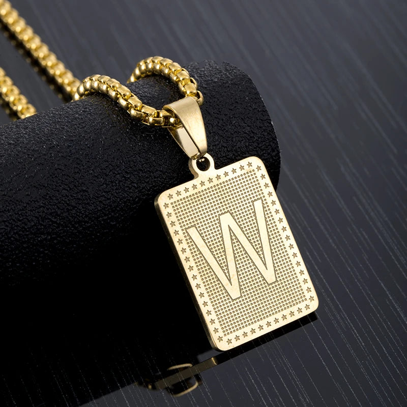 Hip Hop Fashion Square Letters Pendant Necklace for Men Stainless Steel Gold/Steel Color Rock style Letter Alphabet Jewelry Gift