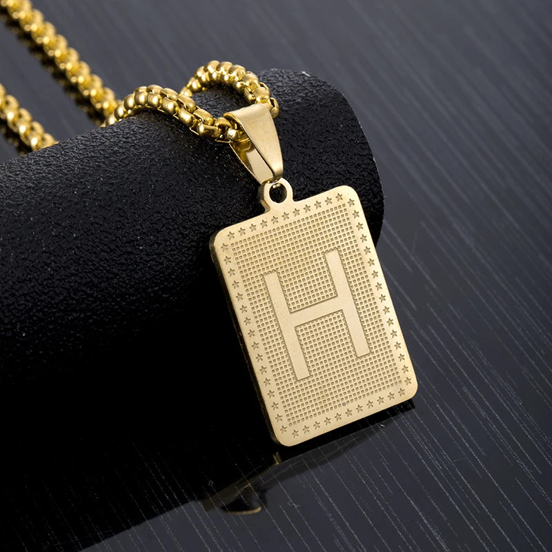Hip Hop Fashion Square Letters Pendant Necklace for Men Stainless Steel Gold/Steel Color Rock style Letter Alphabet Jewelry Gift