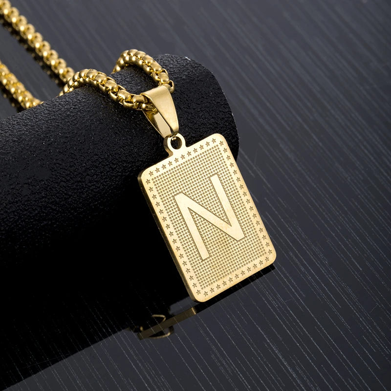 Hip Hop Fashion Square Letters Pendant Necklace for Men Stainless Steel Gold/Steel Color Rock style Letter Alphabet Jewelry Gift