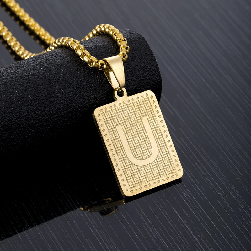Hip Hop Fashion Square Letters Pendant Necklace for Men Stainless Steel Gold/Steel Color Rock style Letter Alphabet Jewelry Gift