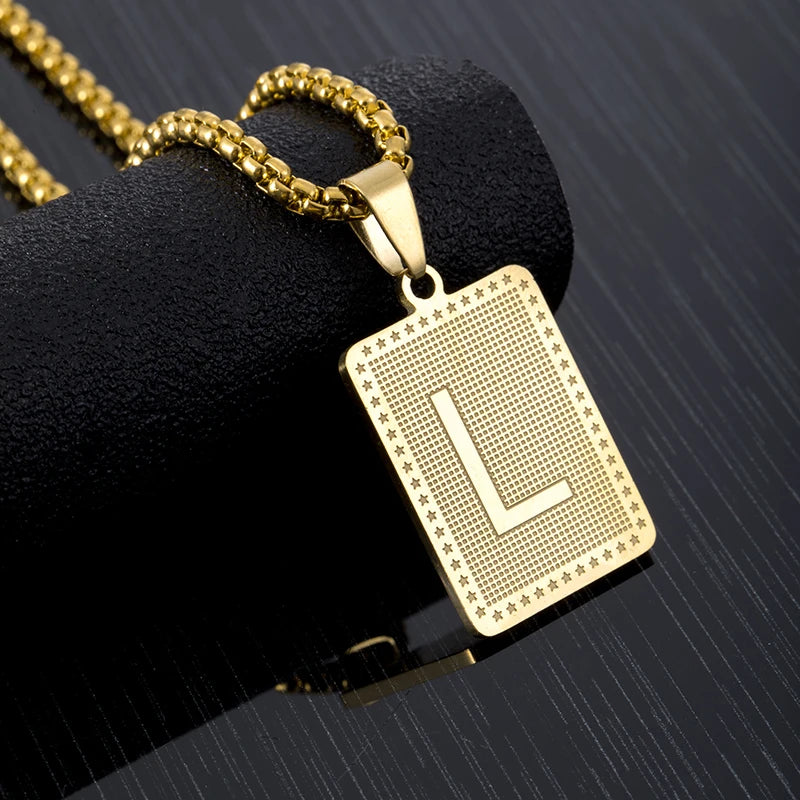 Hip Hop Fashion Square Letters Pendant Necklace for Men Stainless Steel Gold/Steel Color Rock style Letter Alphabet Jewelry Gift