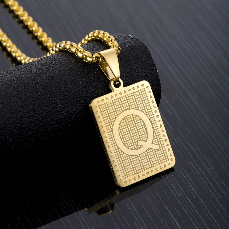 Hip Hop Fashion Square Letters Pendant Necklace for Men Stainless Steel Gold/Steel Color Rock style Letter Alphabet Jewelry Gift