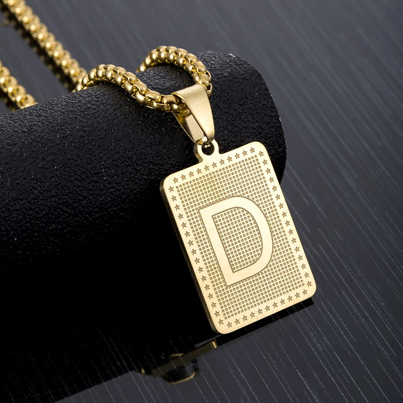 Hip Hop Fashion Square Letters Pendant Necklace for Men Stainless Steel Gold/Steel Color Rock style Letter Alphabet Jewelry Gift