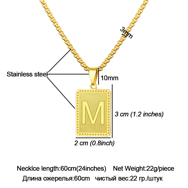 Hip Hop Fashion Square Letters Pendant Necklace for Men Stainless Steel Gold/Steel Color Rock style Letter Alphabet Jewelry Gift