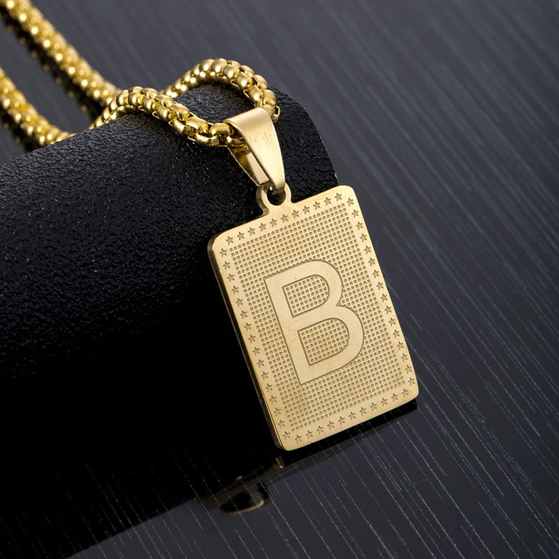 Hip Hop Fashion Square Letters Pendant Necklace for Men Stainless Steel Gold/Steel Color Rock style Letter Alphabet Jewelry Gift