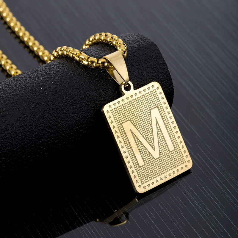 Hip Hop Fashion Square Letters Pendant Necklace for Men Stainless Steel Gold/Steel Color Rock style Letter Alphabet Jewelry Gift