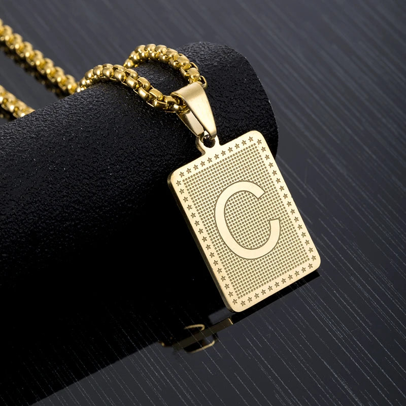 Hip Hop Fashion Square Letters Pendant Necklace for Men Stainless Steel Gold/Steel Color Rock style Letter Alphabet Jewelry Gift