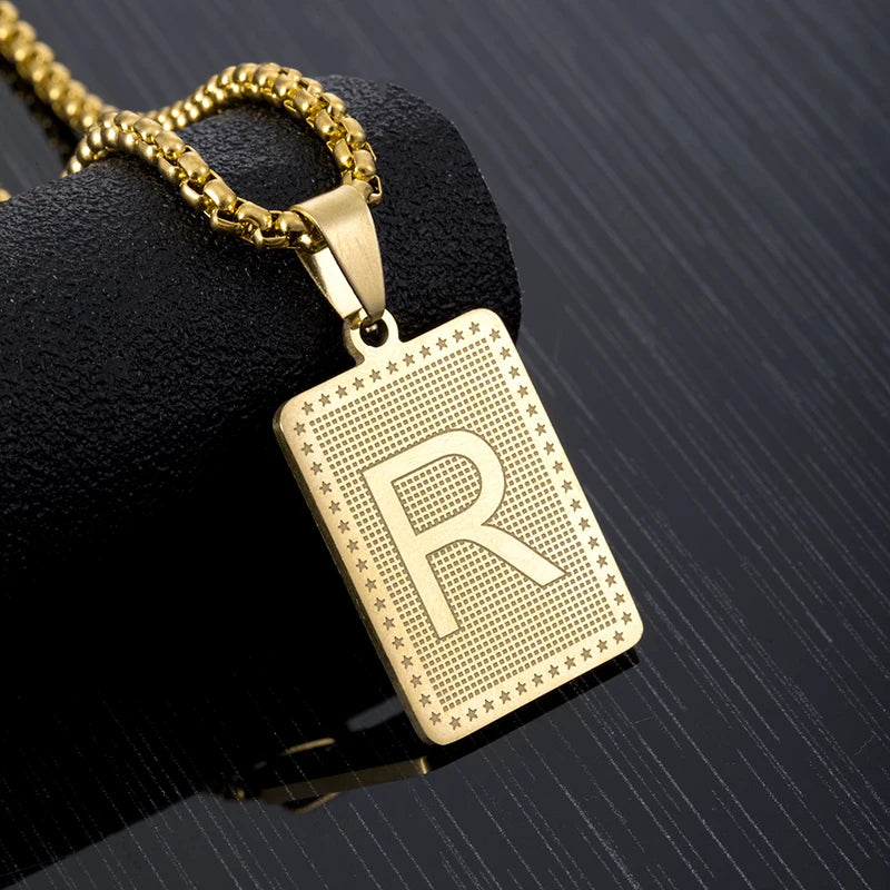 Hip Hop Fashion Square Letters Pendant Necklace for Men Stainless Steel Gold/Steel Color Rock style Letter Alphabet Jewelry Gift