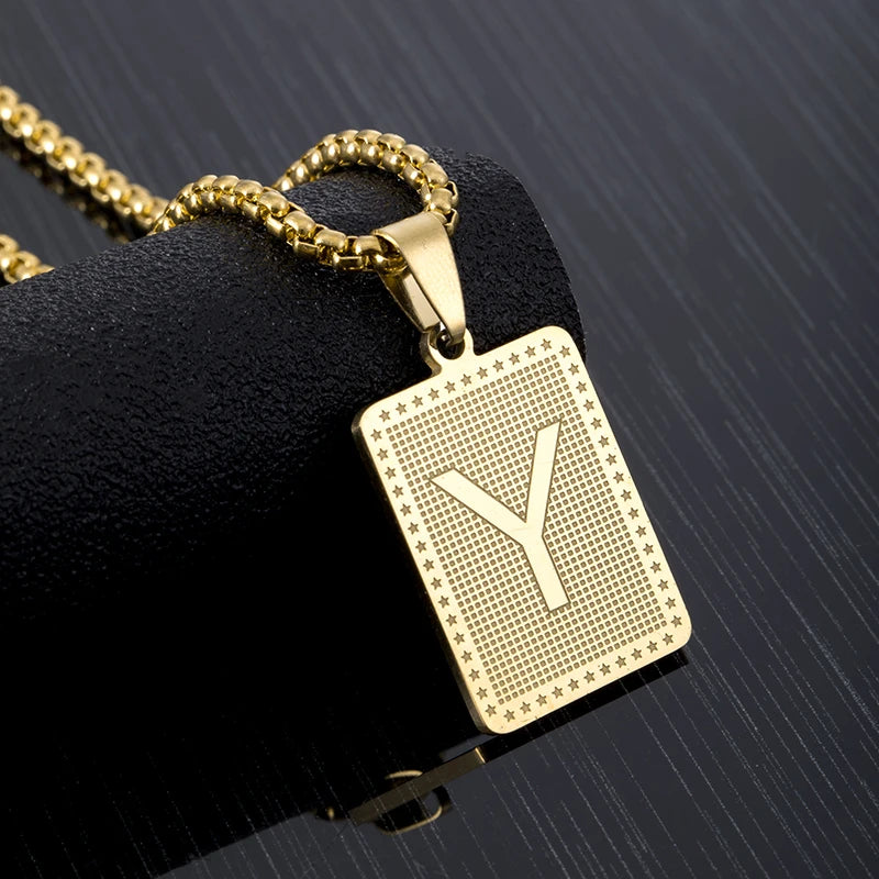 Hip Hop Fashion Square Letters Pendant Necklace for Men Stainless Steel Gold/Steel Color Rock style Letter Alphabet Jewelry Gift