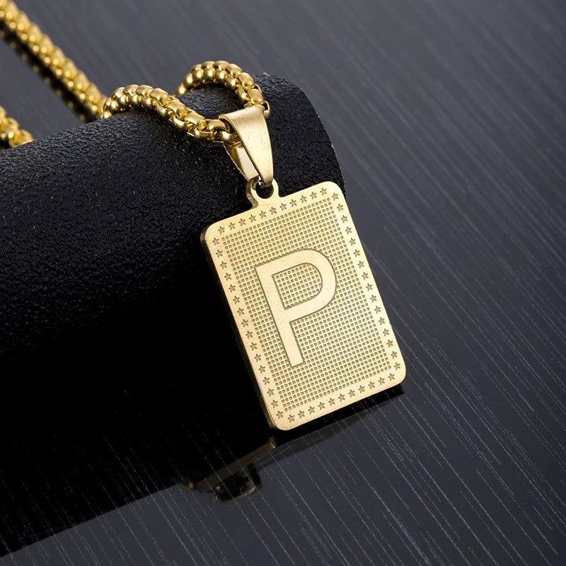 Hip Hop Fashion Square Letters Pendant Necklace for Men Stainless Steel Gold/Steel Color Rock style Letter Alphabet Jewelry Gift
