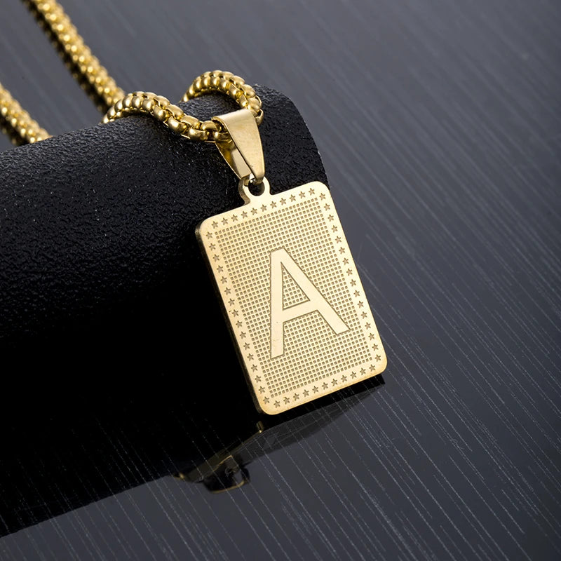 Hip Hop Fashion Square Letters Pendant Necklace for Men Stainless Steel Gold/Steel Color Rock style Letter Alphabet Jewelry Gift