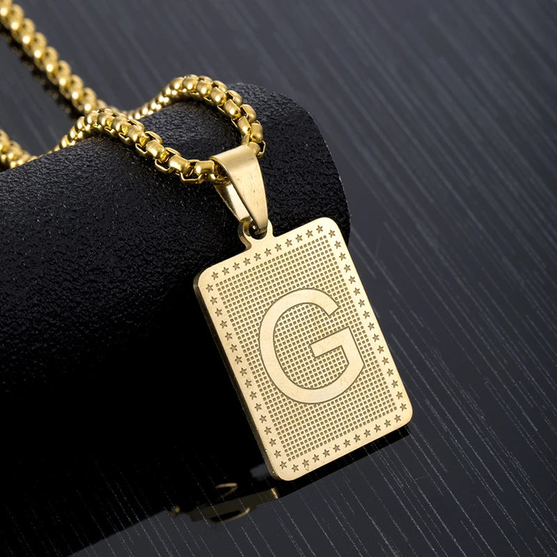 Hip Hop Fashion Square Letters Pendant Necklace for Men Stainless Steel Gold/Steel Color Rock style Letter Alphabet Jewelry Gift