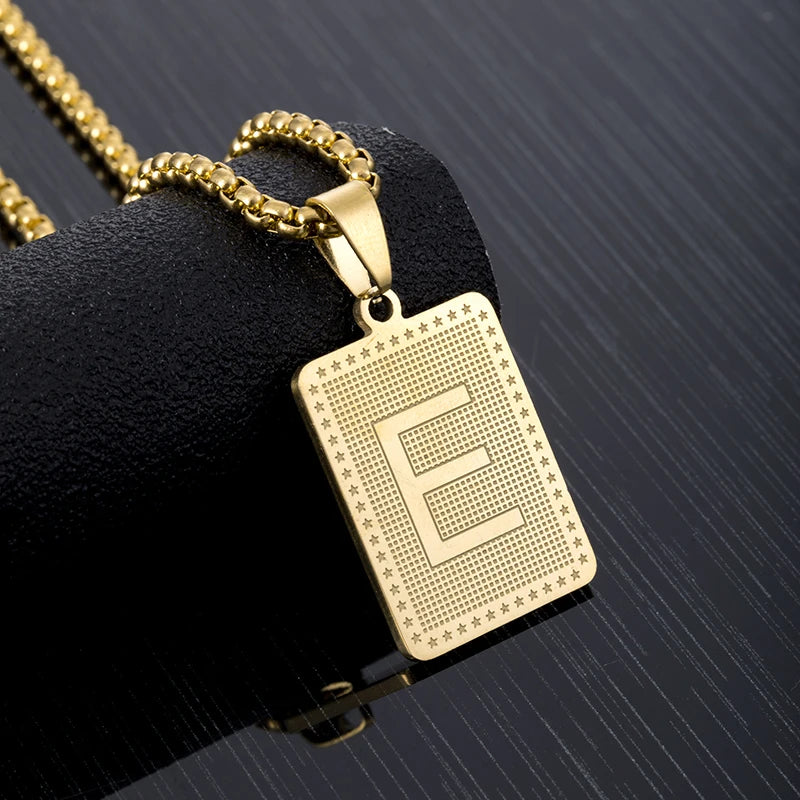 Hip Hop Fashion Square Letters Pendant Necklace for Men Stainless Steel Gold/Steel Color Rock style Letter Alphabet Jewelry Gift