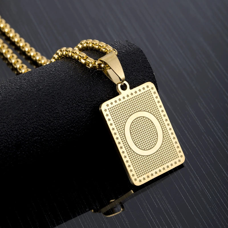 Hip Hop Fashion Square Letters Pendant Necklace for Men Stainless Steel Gold/Steel Color Rock style Letter Alphabet Jewelry Gift