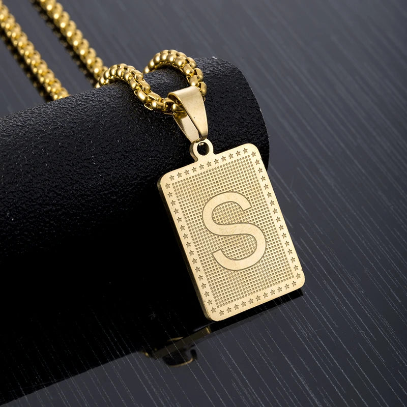 Hip Hop Fashion Square Letters Pendant Necklace for Men Stainless Steel Gold/Steel Color Rock style Letter Alphabet Jewelry Gift