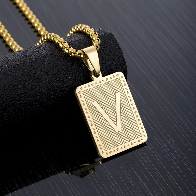 Hip Hop Fashion Square Letters Pendant Necklace for Men Stainless Steel Gold/Steel Color Rock style Letter Alphabet Jewelry Gift
