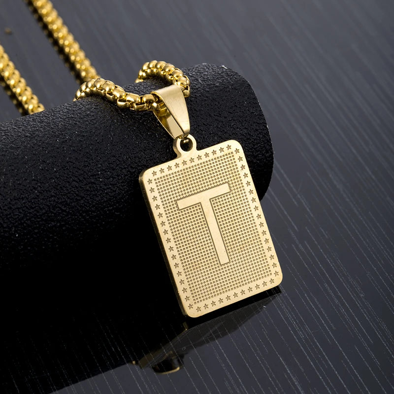 Hip Hop Fashion Square Letters Pendant Necklace for Men Stainless Steel Gold/Steel Color Rock style Letter Alphabet Jewelry Gift
