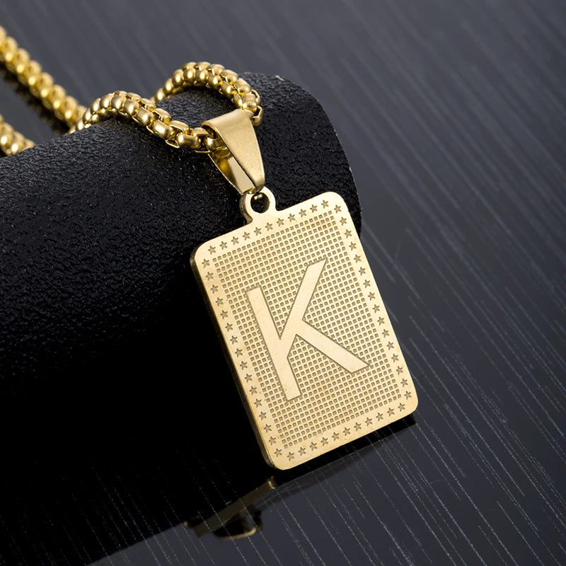 Hip Hop Fashion Square Letters Pendant Necklace for Men Stainless Steel Gold/Steel Color Rock style Letter Alphabet Jewelry Gift