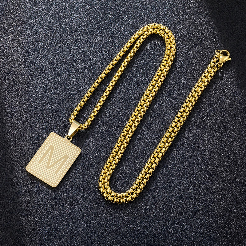 Hip Hop Fashion Square Letters Pendant Necklace for Men Stainless Steel Gold/Steel Color Rock style Letter Alphabet Jewelry Gift