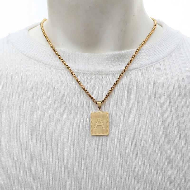 Hip Hop Fashion Square Letters Pendant Necklace for Men Stainless Steel Gold/Steel Color Rock style Letter Alphabet Jewelry Gift