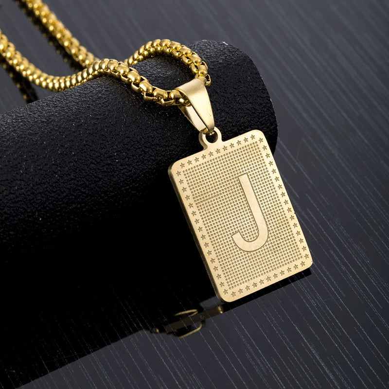 Hip Hop Fashion Square Letters Pendant Necklace for Men Stainless Steel Gold/Steel Color Rock style Letter Alphabet Jewelry Gift