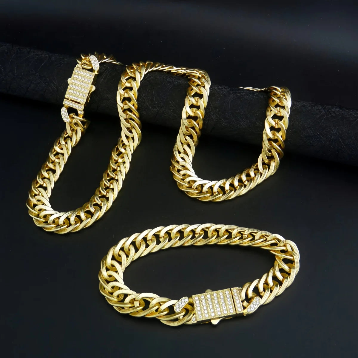1 Piece Hip Hop Punk Style 14K Gold Plated Cuban Chain Style Chunky Chain Bracelet Necklace Set