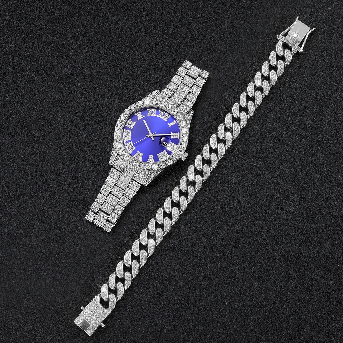 2PCS/Set Hip Hop Men's Watch Fashion Diamond Stainless Steel Band Male Quartz Watches Gift Boyfriend