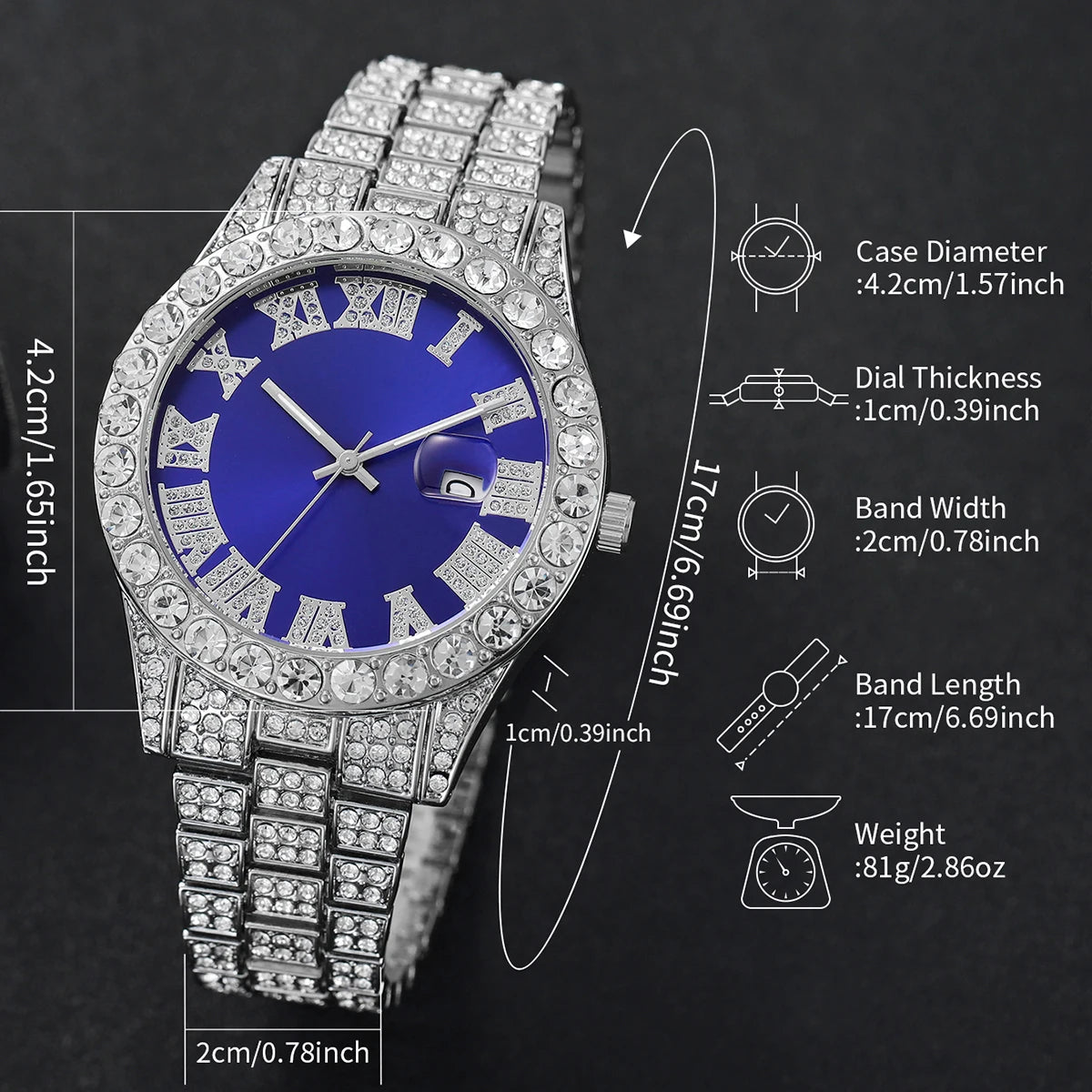 2PCS/Set Hip Hop Men's Watch Fashion Diamond Stainless Steel Band Male Quartz Watches Gift Boyfriend