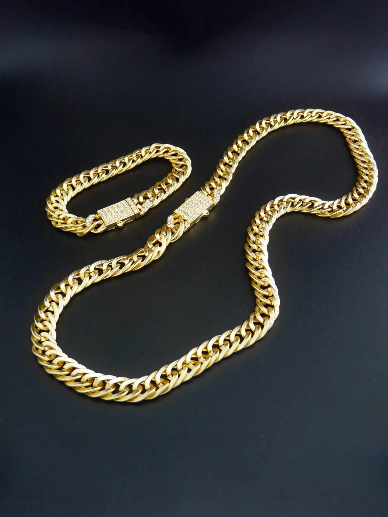 1 Piece Hip Hop Punk Style 14K Gold Plated Cuban Chain Style Chunky Chain Bracelet Necklace Set