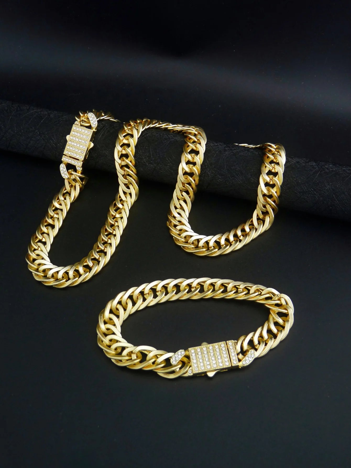 1 Piece Hip Hop Punk Style 14K Gold Plated Cuban Chain Style Chunky Chain Bracelet Necklace Set