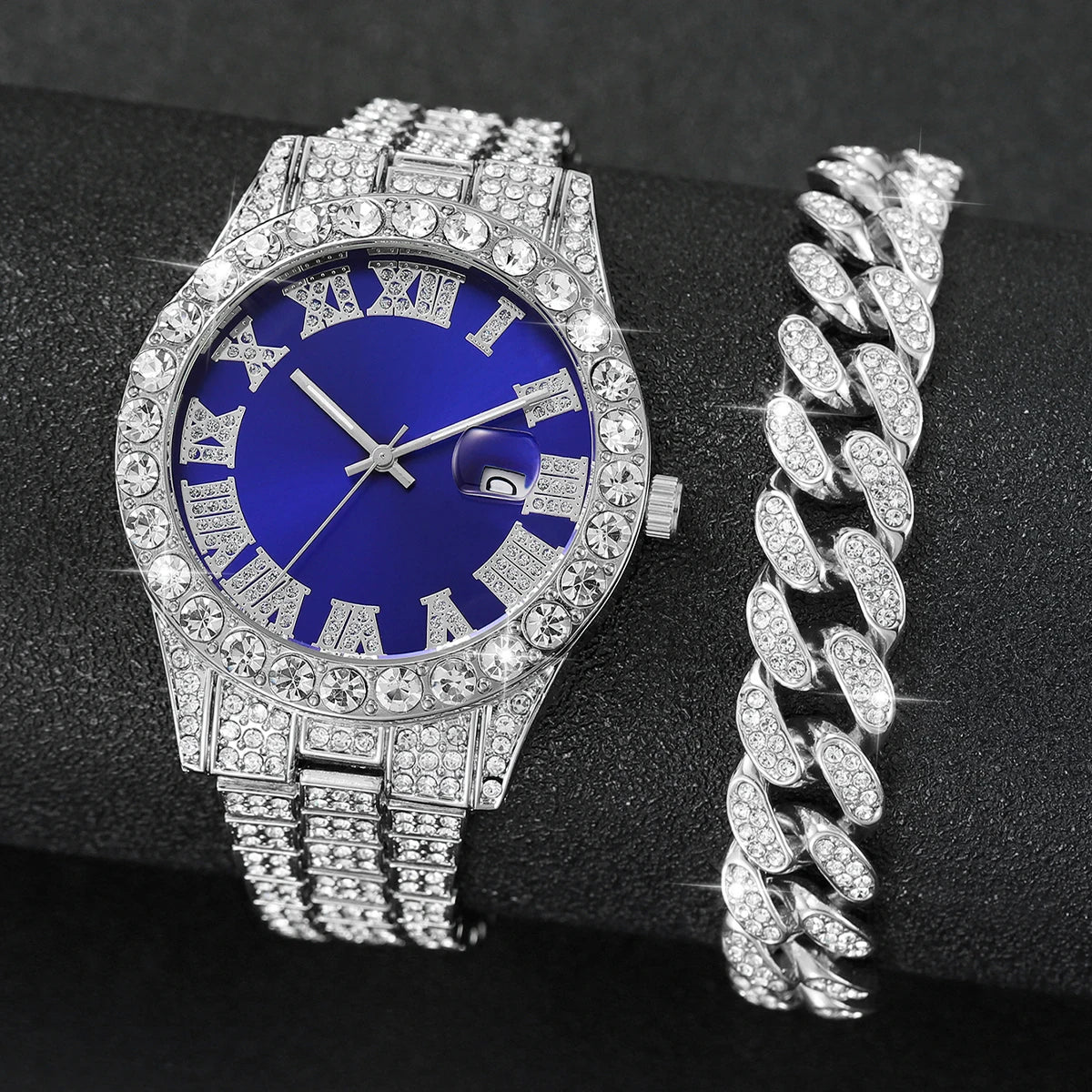 2PCS/Set Hip Hop Men's Watch Fashion Diamond Stainless Steel Band Male Quartz Watches Gift Boyfriend