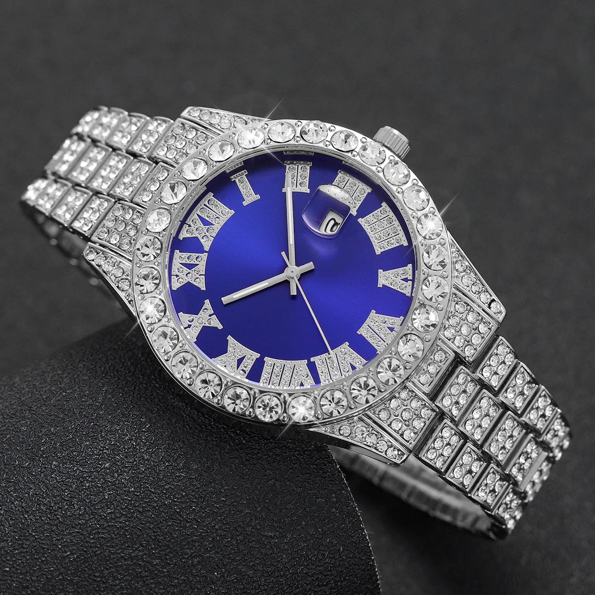 2PCS/Set Hip Hop Men's Watch Fashion Diamond Stainless Steel Band Male Quartz Watches Gift Boyfriend