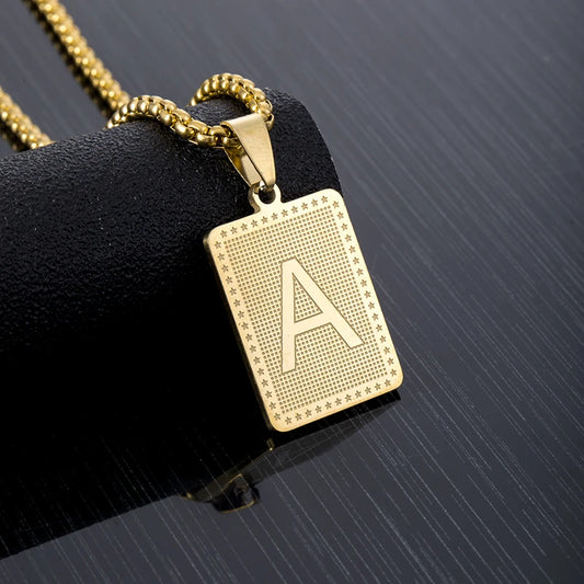 Hip Hop Fashion Square Letters Pendant Necklace for Men Stainless Steel Gold/Steel Color Rock style Letter Alphabet Jewelry Gift