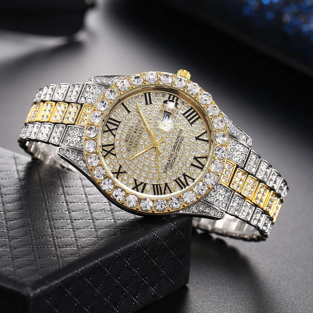 Hip Hop Iced Out Men Watch Full AAA Rhinestone Around Luxury Quartz Watches Round Clock Unisex Wrist Watch Gift For Boyfriend