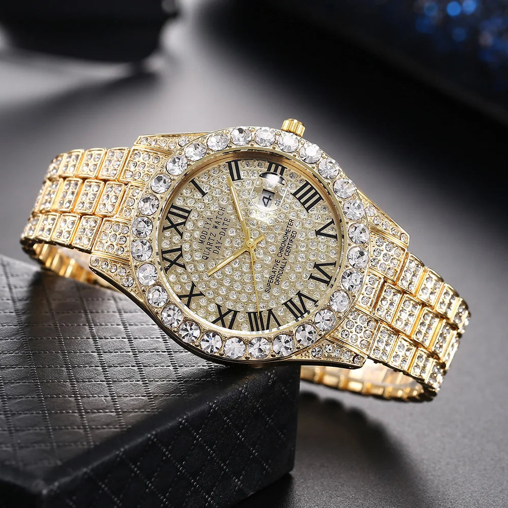 Hip Hop Iced Out Men Watch Full AAA Rhinestone Around Luxury Quartz Watches Round Clock Unisex Wrist Watch Gift For Boyfriend