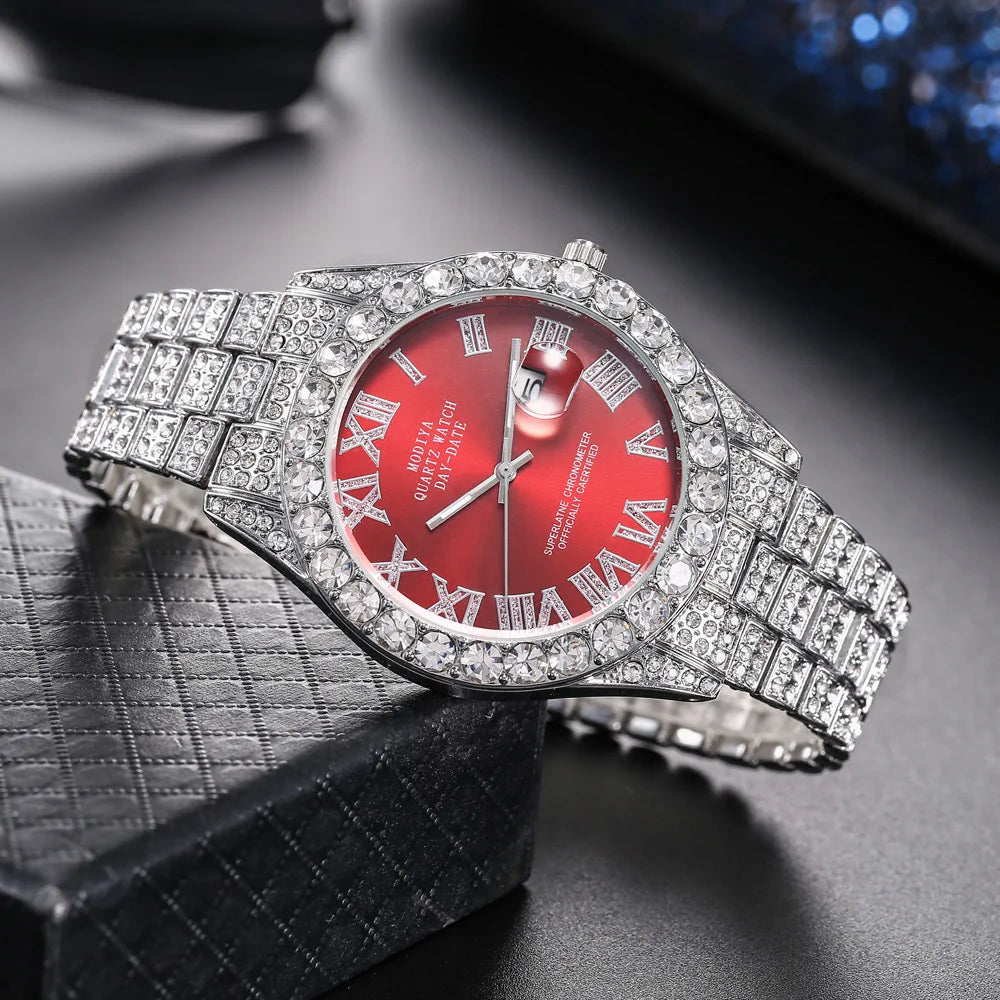 Hip Hop Iced Out Men Watch Full AAA Rhinestone Around Luxury Quartz Watches Round Clock Unisex Wrist Watch Gift For Boyfriend