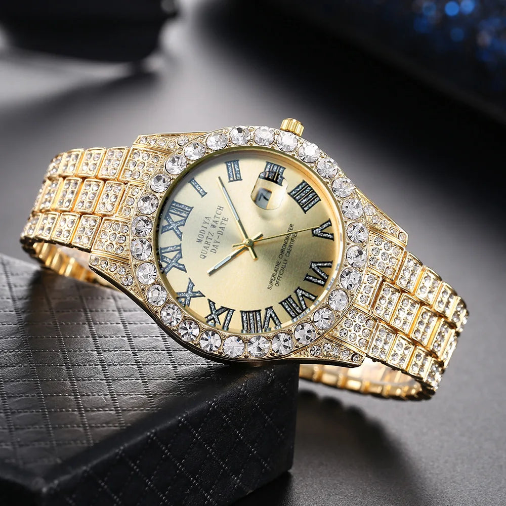 Hip Hop Iced Out Men Watch Full AAA Rhinestone Around Luxury Quartz Watches Round Clock Unisex Wrist Watch Gift For Boyfriend