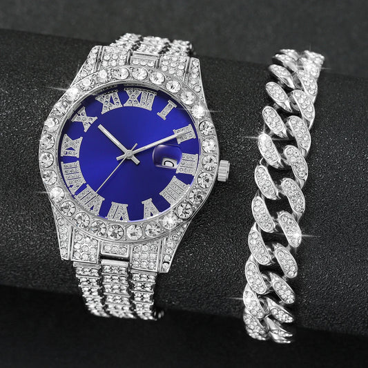 2PCS/Set Hip Hop Men's Watch Fashion Diamond Stainless Steel Band Male Quartz Watches Gift Boyfriend